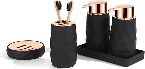 GAHEFY Juego de accesorios de baño mate, dispensador de jabón de baño de 5 piezas y soporte para cepillos de dientes, jabonera, vaso, bandeja de