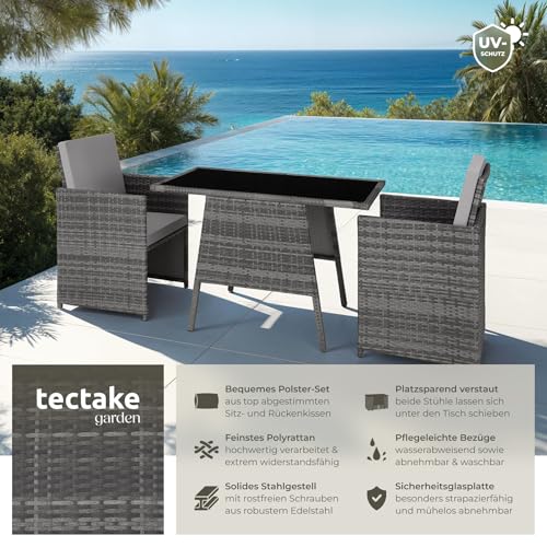 tectake® Poly Rattan Sitzgruppe für 2 Personen, Outdoor Möbel platzsparend zusammenschiebbar, 2 Sessel & 1 Tisch, ideales Balkon Lounge Set, Gartenmöbel, Terrassenmöbel wetterfest - grau 2