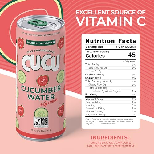 Image of CUCU Pressed Cucumber + Guava Water - Real Juice from Fresh Cucumbers and Guava with Vitamin C, Electrolytes & Antioxidants - No Sugar Added, Non-GMO - 11 fl oz Cans, 12 Pack