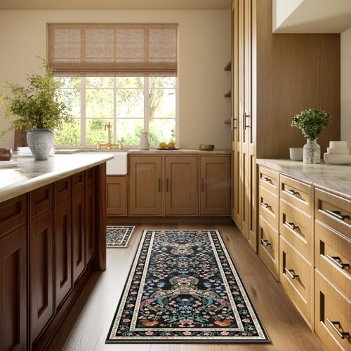 Image of Area Rug Hallway Vintage Floral Deer Pattern 2x6 - Bohemian Forest Animal Carpet with Squirrel & Butterfly, Soft Decorative Area Rug for Living Room Bedroom Home Decor