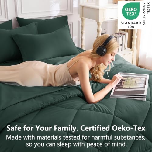 Image of CozyLux Queen Comforter Set Forest Green - Bed in a Bag Queen Size 7 Pieces, Luxury Soft Bed Set for All Seasons, Bedding Set with Down Alternative Comforter, Sheets, Pillowcases & Shams