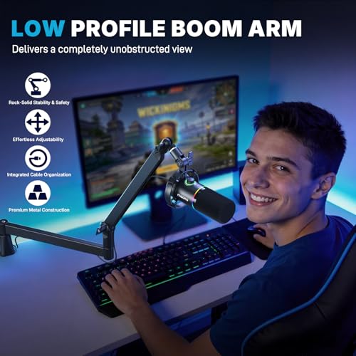 Image of Microphone Boom Arm, Low Profile Mic Arm Stand with Cable Management Channels, Desk Mount Clamp, Fully Adjustable, Heavy Duty Mic Stand for Podcast Streaming Gaming Studio(BA60 Black)