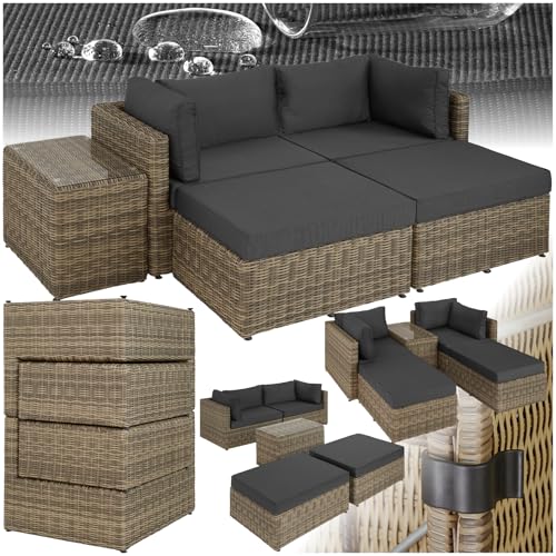 tectake® Ensemble Salon de Jardin Exterieur Modulable Canapé Bain de Soleil en Poly Rotin et Aluminium 4 Personnes, Table de Jardin en Verre Incluse,...