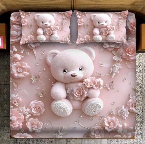 Image of Digital Printed Heavy Quality Glace Cotton 7D Bedsheet for Double Bed, 90 inch x 100 inch Flat Bedsheet with 2 Matching Pillow Covers, 300 TC (Pink Teddy)