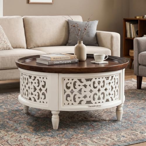 Image of Wooden Carved Coffee Table for Living Room | Center Table for Living Room Furniture | Solid Wood Round Tea Table for Home | Durable & Stylish Coffee Table for Home, Bedroom & Office (White)