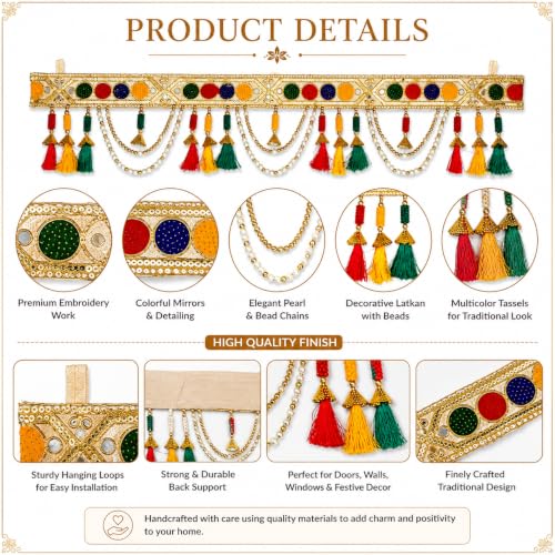 Image of ONESTA Premium Handmade Decorative Door Toran with Pearl & Pom Pom Hanging | Multicolor Traditional Bandarwal for Main Door, Mandir, Diwali & Home Decoration 3 Feei (Size 36 Inch Pack 01)