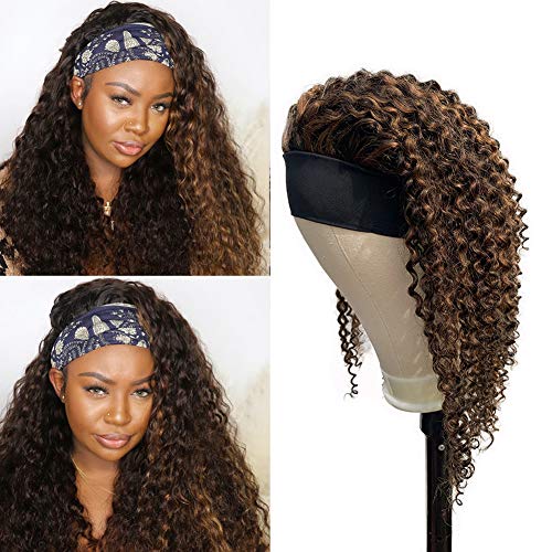 Human Hair Curly Headband Wigs Brazilian Deep Wave Scarf Wig for Women 150 Density Machine Made Wig Black With Medium Auburn Highlights Piano Color Glueless Wig 18 Inch Bouncy Curls