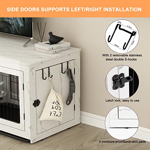 Piskyet Wooden Dog Crate Furniture With 360° Rotatable Removable Dog Bowls, Dog Crate End Table With Tray, Double Doors Dog Kennels Indoor For Small To Medium Dogs, Marble White, 32 Inch #TOP3