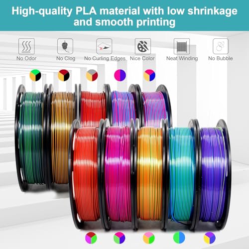 Image of 3D Printer Filament Bundle,1.75MM Silk PLA Filament Multicolor 250g*10 Rolls,Bulk Filament fits for Most FDM 3D Printers.