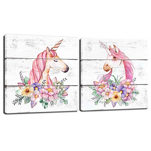 BOLUO Unicorn Canvas Wall Art for Girls Room Framed Painting Prints Rustic Picture Poster Nursery Children Kids Bedroom Decor Cute Pink 12x12 (D-2SET)