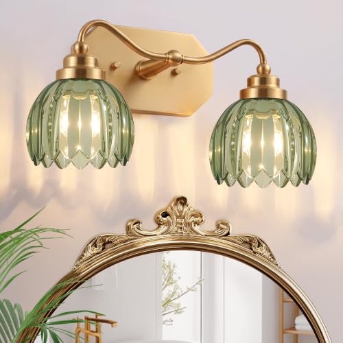 Image of Vintage Gold Vanity Lights, 2-Light Green Tulip, Antique Brass Finish | Brushed Gold Bathroom Light Fixtures, Crystal Wall Sconce Ideal for Bedroom, Living Room, E26 Compatible, Easy Install