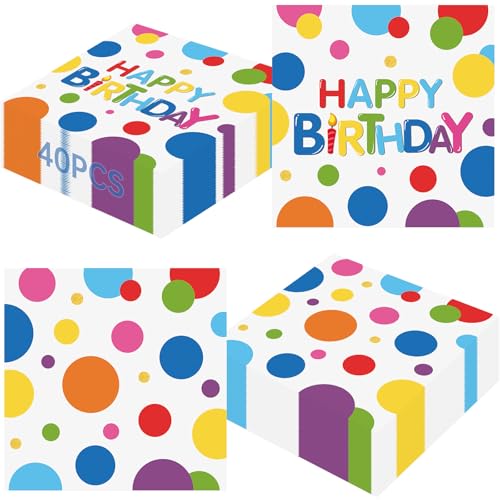 Hayfige 40 Pcs Happy Birthday Napkins 6.5X6.5 Inch Colourful Dots Paper Napkin Disposable Square Lunch Dinner Cocktail Napkins for Adults & Kids Happy Birthday Day Party Supplies Table Decorations