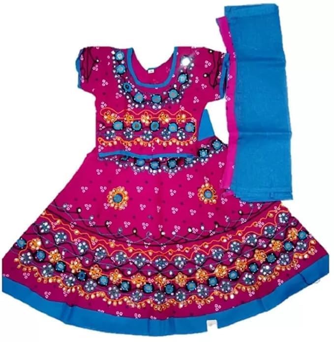 Image of PK HUB Girl's Cotton Radha Dress - Traditional Lehenga Choli with Dupatta | Readymade Chaniya Choli for Garba, Dandiya & Janmashtami | Ethnic Costume for Girls (Set of 3)