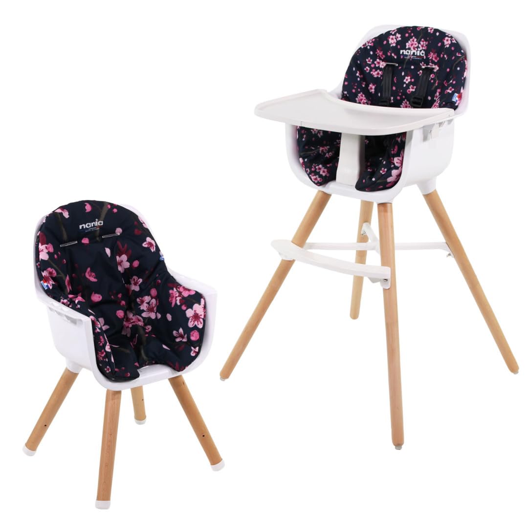 Seggiolone evolutivo 2 in 1, da 6 mesi fino a 5 anni, cuscino reversibile, vassoio regolabile, poggiapiedi, seggiolino e poltrona per bambini, design moderno in legno