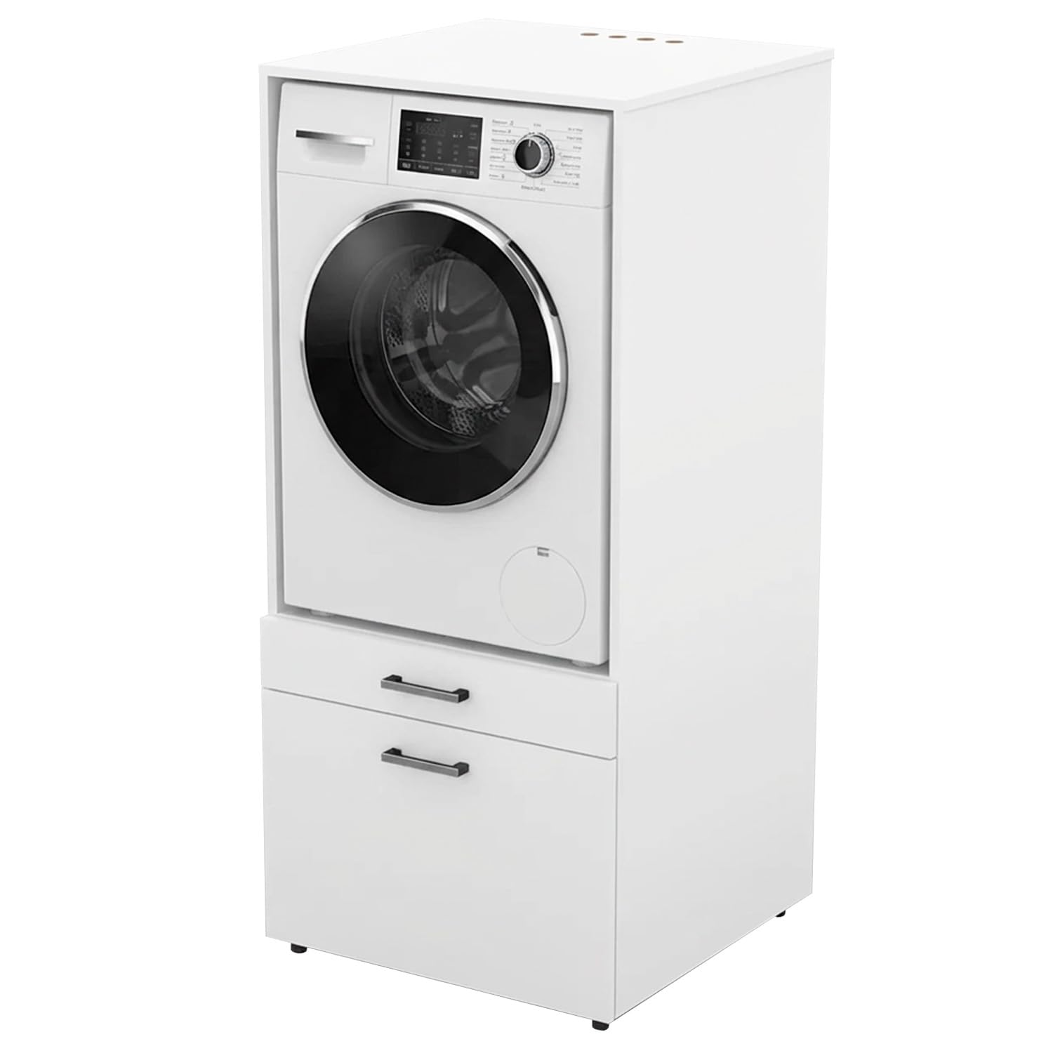 Mobile Lavatrice Con Cassettone E Mensola Estraibile Mobiletto Lavanderia O Asciugatrice Salvaspazio Con Vano Incasso Piano D' Appoggio E Contenitore Bagno Ripostiglio 67 × 65 × 144 Cm Bianco