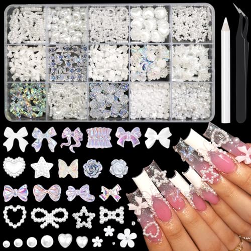 Image of RODAKY 1000PCS White Nail Charms 3D Bows Heart Butterfly Charms for Nails Assorted Nail Art Charms Flatback Pearl Beads Mix Style Nail Decoration Nail Art Accessories for Manicure DIY