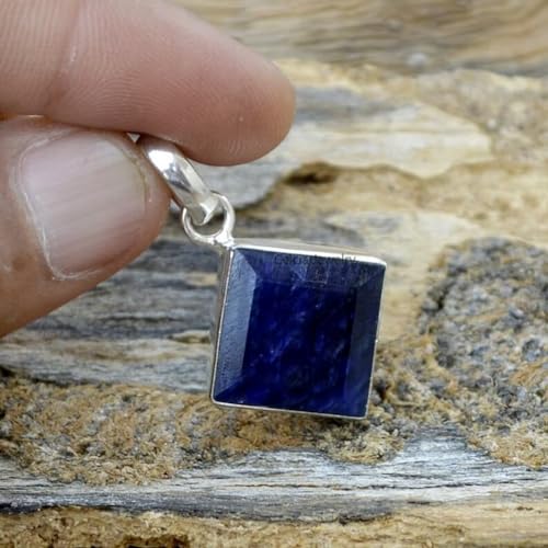 Celcia Jewelry Solid 925 Sterling Silver Pendant For Women Men, Genuine Blue Sapphire Square Gemstone Unique Handcrafted September Birthstone Pendant thumb #3
