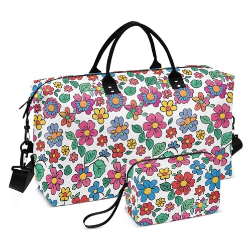 Weekender Bags Travel Duffel Gym Bag Flower Patten Carry on Overnight Tote Bag with Toiletry Bag for Airplane Travel Trip Gym Yoga