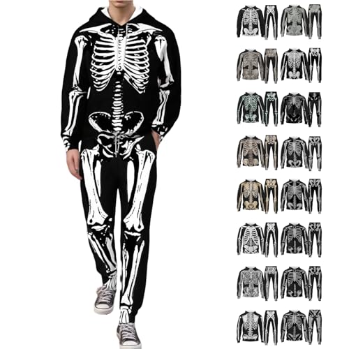 Skeleton Costume Men,Men's Bone Chillin Skeleton Costume Halloween Suits Sweat 2 Piece Set Sweatsuit Hoodie Sweatpants Track Suit for Comfy Costumes,Black 13,L