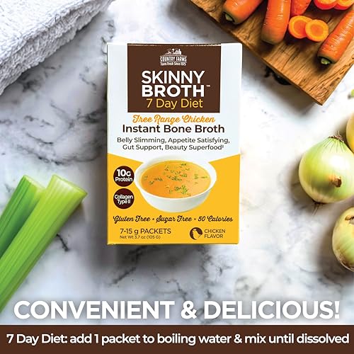 Image of Country Farms Skinny Broth, Instant Chicken Bone Broth, 10G Protein, Collagen Type II, Promotes Better Digestion, Supports Bone Health, 7 Day Plan, 7-15g Packets