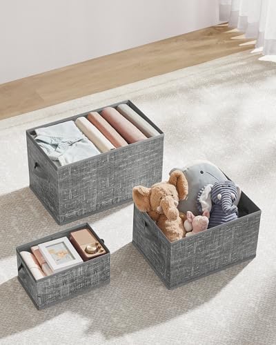 SONGMICS Aufbewahrungsbox 3er Set, zusammenklappbar, Stoffboxen aufbewahren, 30 x 20 x 15 cm, für Kleiderschrank, 2 Griffe, Etikette, für Schlafzimmer Wohnzimmer, schilfgrau ROB415G01