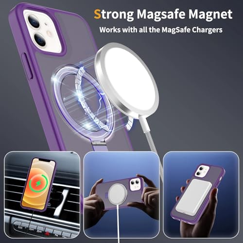 Image of Magnetic for iPhone 12 Pro Case & iPhone 12 Case, 6.1 inch, Compatible with MagSafe, Rugged Kickstand, Not-Yellowing Military-Grade Protection, Matte Purple