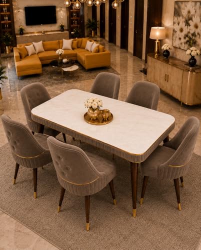 Image of WOODEN SPACE 6-Seater Wooden Dining Table Set | Nano Composite Marble Top | Solid Wood Base | Modern Dining Room Furniture with 6 Chairs (Brown Grand Aura)