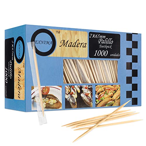 EXNIMA, Palillos de Madera Redondos con Protección de Plástico, Pack 1000, 2000, 4000 o 6000, Palillos de Dientes Higiénicos, 6.5cm Largo, Pincho de Aperitivos o Manualidades, en Bolsa de Plástico Cover