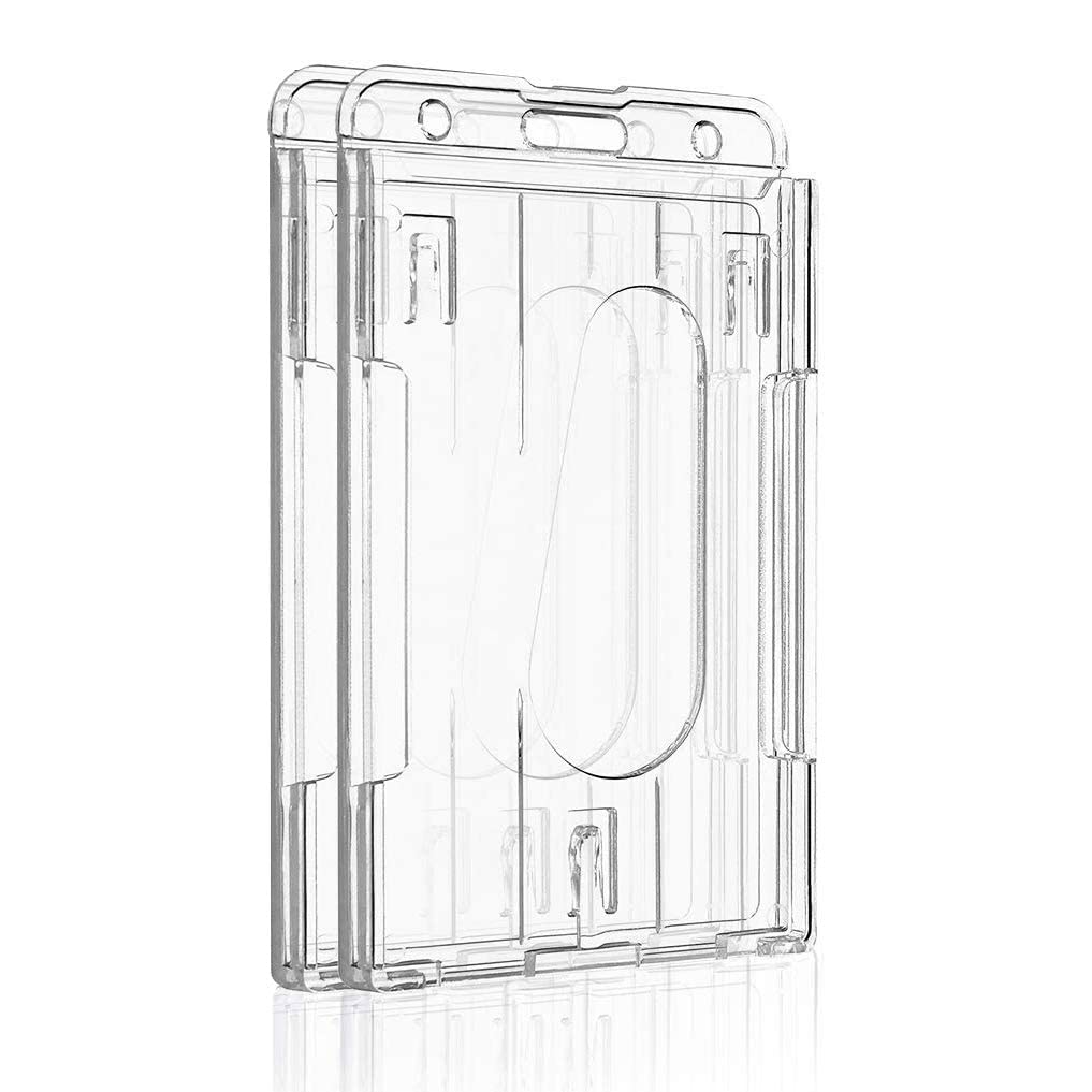 Pawfly 2 Pack Vertical 2-Card Badge Holder with Thumb Slot Hard Transparent PC Case Protector for Office School IDs Credit Cards Drivers Licenses and Passes Vertical-2 pack