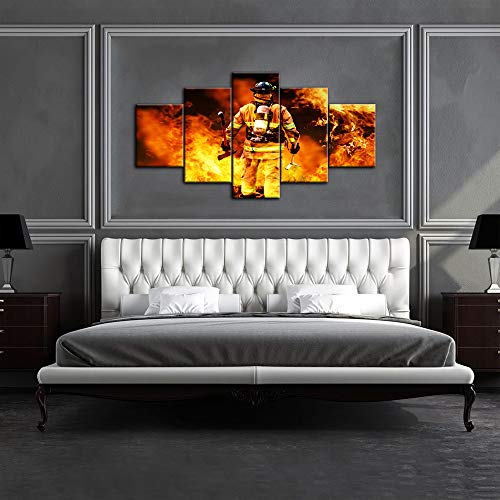 Viivei Firefighters Fireman Canvas Wall Art Prints Home Decor Decals Gifts For Living Room Modern Pictures Artwork 5 Panel Large Posters Hd Printed Painting Framed Ready To Hang (60" Wx32 H, A) #TOP2