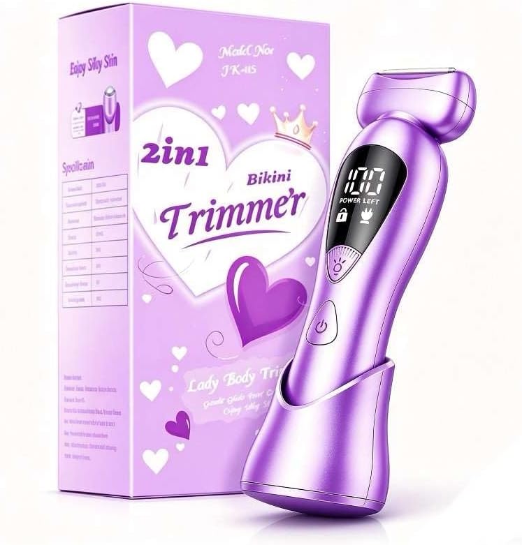 2-in-1 Electric Bikini Trimmer for Women : LCD Battery Display, Cordless Rechargeable Purple