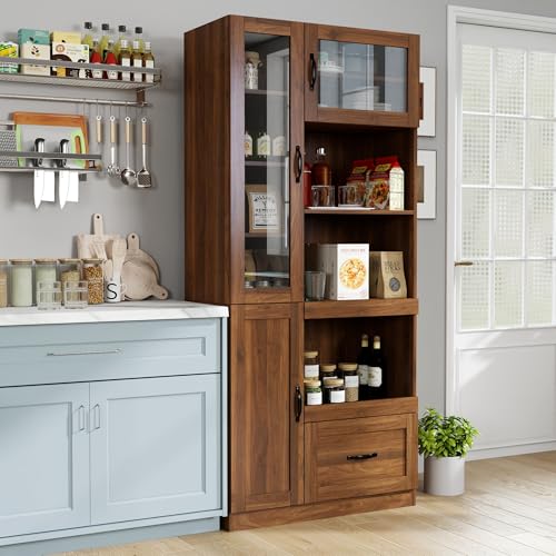 Image of Farmhouse Kitchen Hutch Pantry Cabinet, 70.87 inch Tall Freestanding Cupboard with Multi-Tier Storage Rack and Microwave Stand for Kitchen, Dining Room, Walnut