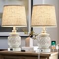 19.5" Farmhouse Vintage Table Lamps for Living Room Set of 2 Traditional Rustic Bedside Lamps for Bedrooms Nightstand with USB Ports Carved Floral Night Light Lamp for Office Decor,Pull Chain