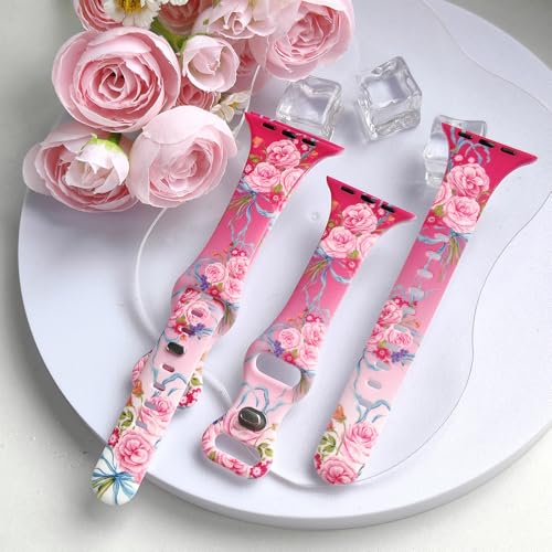 Image of Sport Band Floral Printed Compatible with Apple Watch Bands 49mm 46mm 45mm 44mm 42mm 41mm 40mm 38mm Women, Silicone Flower Printed Fadeless Pattern Design Strap for iWatch Series10 9 8 7 6 5 4 3 2 1SE