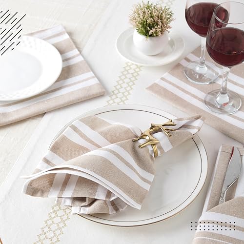 Image of Encasa XO Dining Table Napkins Set of 6, 50x50 cm | Machine Washable Reusable, Recycled Cotton Cloth Napkin, Soft & Absorbent, Table Decor for Hotels, Farmhouse - White & Franca Beige Stripes