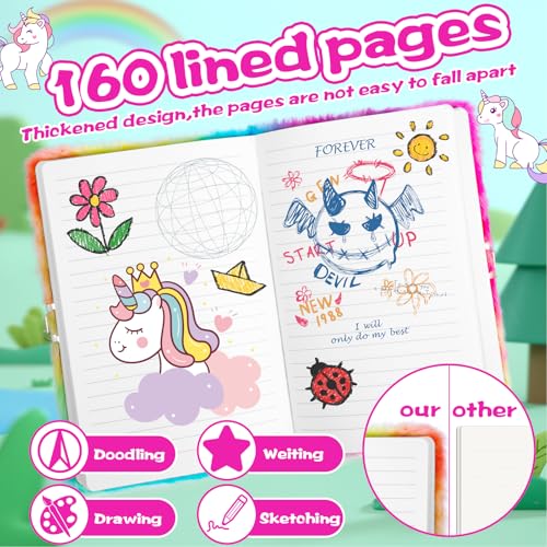 ZPQAODI Tagebuch Mädchen mit Schloss Set, Plüsch Einhorn Mädchen,160 Seiten Doppelseitiges Notizbuch, Geheimes Journal mit Einhorn Geldbörse,Stift,Federmäppchen, Geschenke für 3-14 Jahre Mädchen