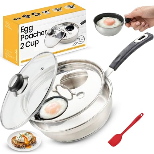 Eggssentials Egg Poacher Pan Nonstick Coating - Poached Egg Cooker, Stainless Steel Egg Poaching Pan PFOA Free with Spatula, Poached Egg Maker, Egg Poachers Cookware
