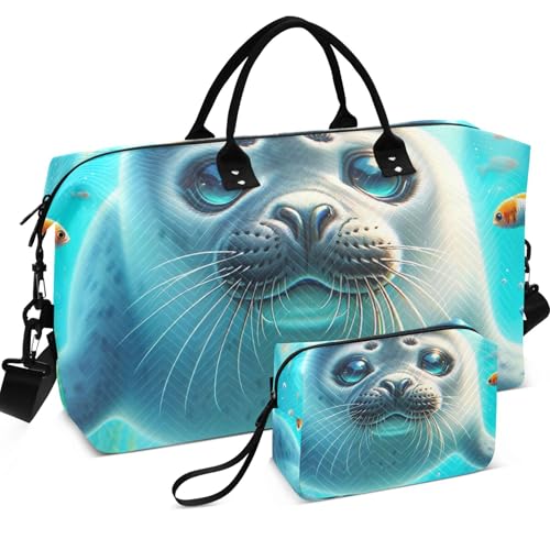 Cute Seal Animal Prints Duffle Travel Bag Cosmetic Pouch Set of 2, Cute Print Sports Bag Weekend Bag Duffel