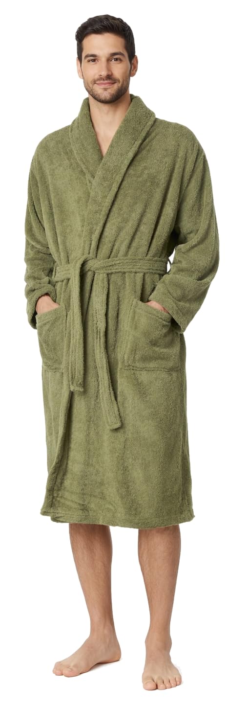 Adore Home Men's Green 100% Cotton Bathrobe Terry Towelling Shawl Collar Bath Robe Dressing Gown, Xl,