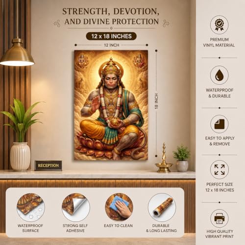 Image of Rangoli Lord Hanuman Ji Self Adhesive Poster 12x18 Inch | Hindu God Bajrangbali Wall Sticker Poster for Home Temple Pooja Room Living Room Meditation Decor | Spiritual Devotional Waterproof Wall Art