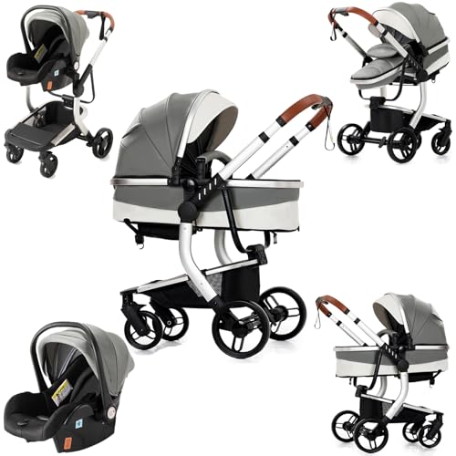 Nine point nine Cuero PU Carrito Bebe 3 en 1, Carricoche Bebe 3 Piezas con Capazo Grande Cómodo, Carro Bebe 3 Piezas Empuje Bidireccional Reversible, Cochecito Bebe Marco Aleación Aluminio (518 Grey)