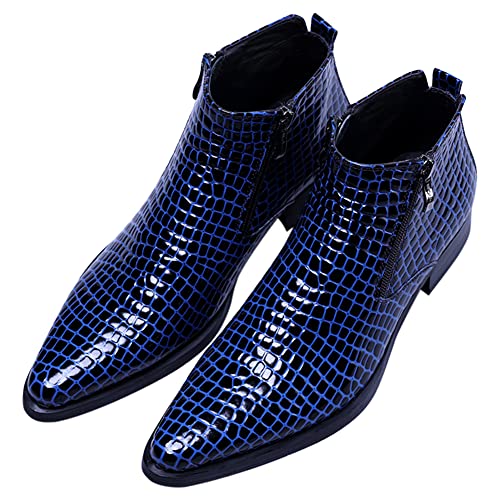 Santimon Casual Boots Ankle Patent Leather Fashion Pointed Toe Plaid Zipper for Mens Blue 8 M US
