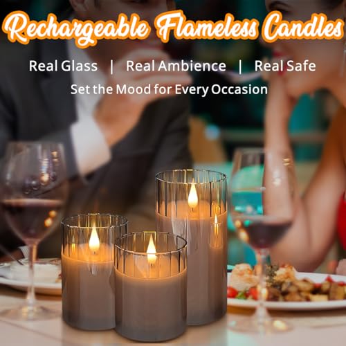 Image of LEDHOLYT Rechargeable Flameless Candle, Flashing LED Pillar Real Wax Candle with Remote Control and Timer, Grey Stripes Glass Electronic Candles for Room Decoration, 1 Set of 3