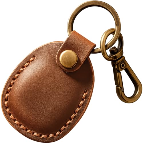 Q1T5 Genuine Leather AirTag Holder Compatible with Apple AirTag 2nd Gen & 1st Gen Handmade Leather Air tag Keychain with Key Rings Hidden Air tags Case Accessories - Brown