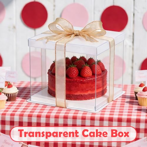 YIQXKOUY 6 Pieces Clear Display Cake Boxes with Ribbon and Pre-Folded Lid, 8.5 * 8.5 * 6.3 Large Transparent Cake Box Tall Cake Carrier Bakery Transport Container for Birthday Wedding Party by YIQXKOUY - Image 3
