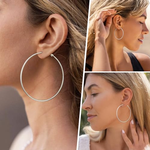 Image of DAILY VIBES Simple Big Thin Hoop Earrings for Women Trendy, 3 Pairs | 925 Sterling Silver Post Large Hoops, 14K Gold or Silver Plated Loop, Hypoallergenic Hoop Earrings Set