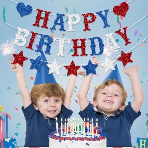 Image of Red White Blue Happy Birthday Banner Decoration Glitter American Themed Stars Decorations for 4th of July Memorial Day Party