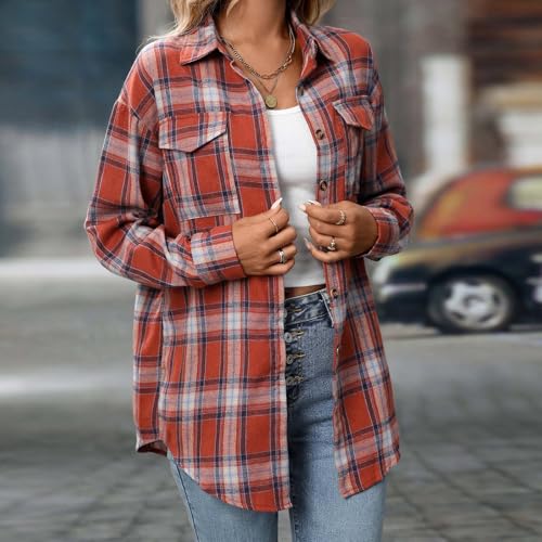 Women's Flannel Plaid Long Sleeve Shirts Collared Button Down Cardigan Trendy Fall Shackets Classic Fancy Blouses3
