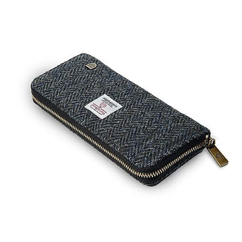 Image of Islander HarrisTweed & PU Leather women's long zip purse, Black&grey Herringbone, Carry Cash & card, Scottish Style