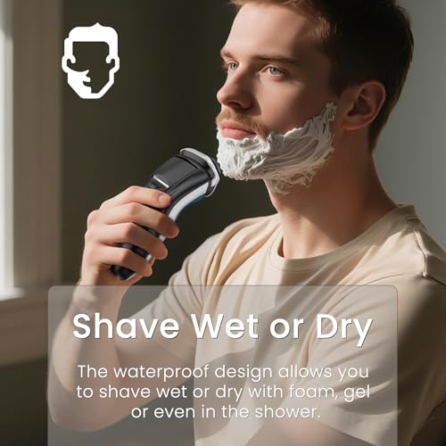 Image of SweetLF Electric Shaver with Air Drying Base - IPX7 Waterproof Electric Razor, Rechargeable Cordless Shavers for Men, Type-C, 120Mins Runtime, Plug & Play, Pop-up Trimmer, (with Charger),Blue